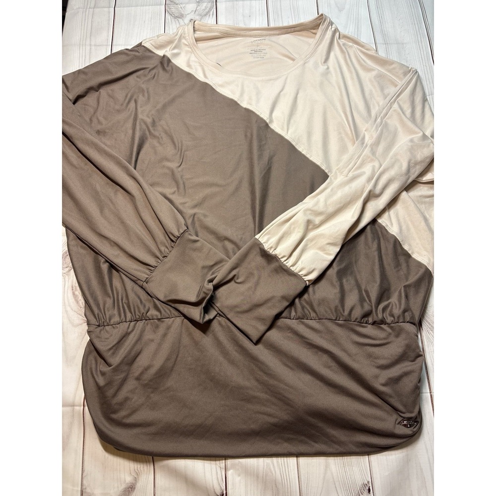 Tahari Sport Women 3X Long Sleeve Tan Brown Color Block Cinched Blouse Pullover